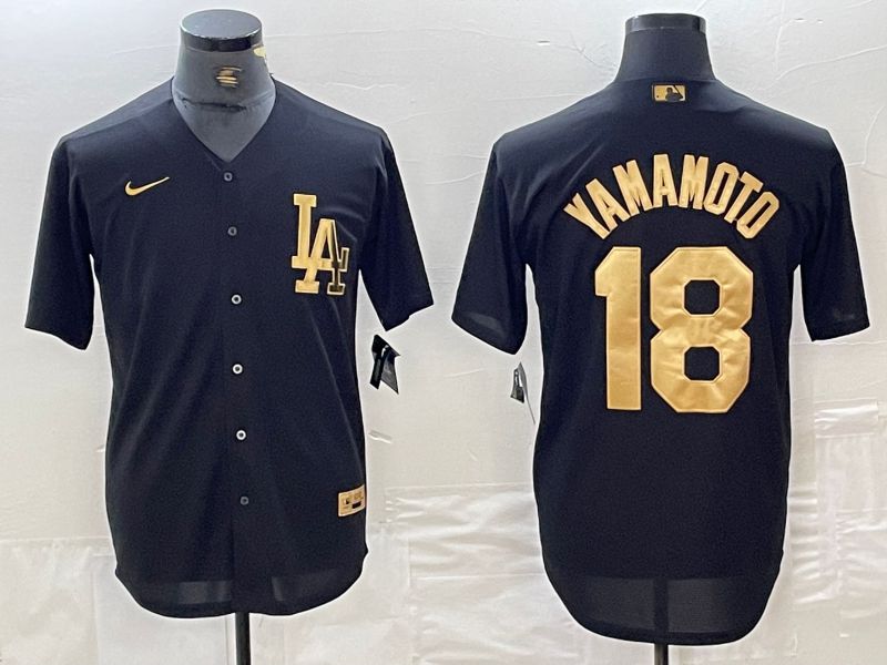 Men Los Angeles Dodgers 18 Yamamoto Black gold 4 th generation Nike 2024 MLB Jersey style 1